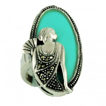 Marcasite Ring 35X18mm Faux Turquoise Oval with Lady Portrait