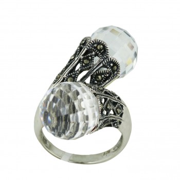 Marcasite Ring Oppositive 12mm Clear Cubic Zirconia Faceted Ball with Marcasite Open Rho