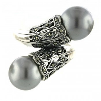 Marcasite Ring Oppositive 12mm Gray Glass Pearl with Marcasite Open Rhomb