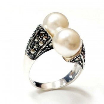 Marcasite Ring Oppositive 10mm White Pearl with 2 Dimension