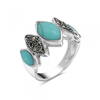 Marcasite RING 5 PAVE Marcasite+CABOCHON FAUX TURQUOISE MARQUIS
