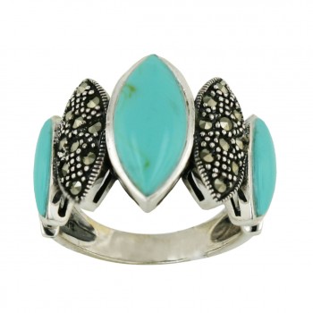 Marcasite Ring 5 Pave Marcasite+Cabochon Faux Turquoise Marquis