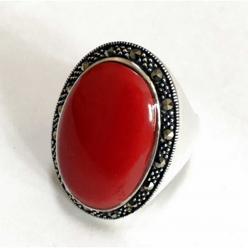 MARCASITE RING 22MM RED CORAL OVAL CABOCHON MS AROUND