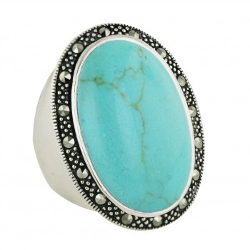 Marcasite Ring 30X22mm Reconstituent Turquoise Oval Cabochon with Marcasite Ard