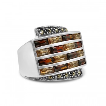 Marcasite Ring 4 Garnet +Champagne Cubic Zirconia Rows Rectangular with Oxidized Rope Side