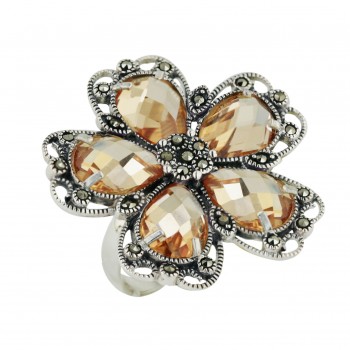Marcasite Ring 5 Champagne Cubic Zirconia Chess Cut Flower Petals