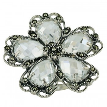 Marcasite Ring 5 Clear Cubic Zirconia Chess Cut Flower Petals