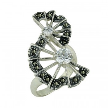 Marcasite Ring Clear Cubic Zirconia Round Double "C" with Pave Marcasite Around