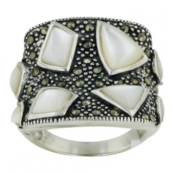 Marcasite Ring 22X21mm White Mother of Pearl Trillion+Triangle+Irregu