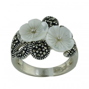 Marcasite Ring 2 White Mother of Pearl Flower with Marcasite Leaf