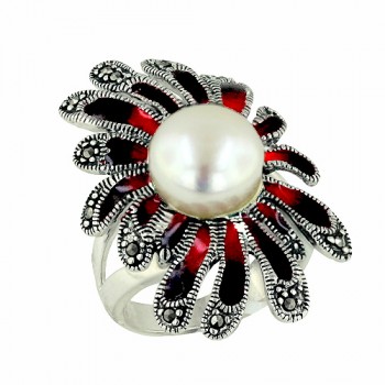 Marcasite Ring Red/Black Mix Enamel Petals with White Fre