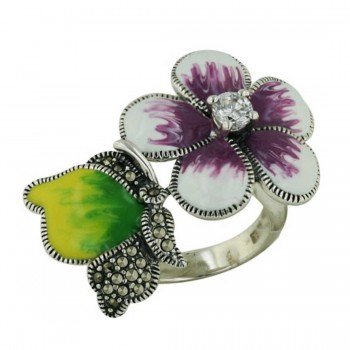 Marcasite Ring White/Purple Enamel Flower+Green Yellow En