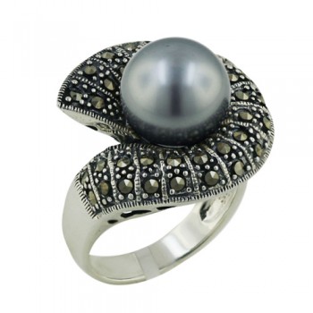 Marcasite Ring 12mm Gray Faux Pearl with Marcasite Around