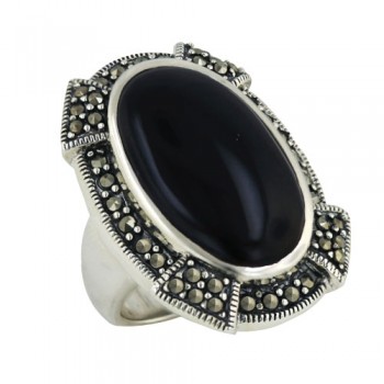 Marcasite Ring 34X24mm Onyx Cabochon Bezel Set with Pave Marcasite