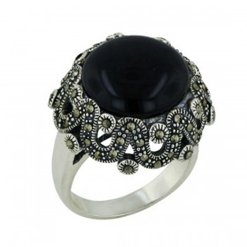 Marcasite Ring 20X20mm Onyx Cabochon with Wavy Marcasite+Oxidized R