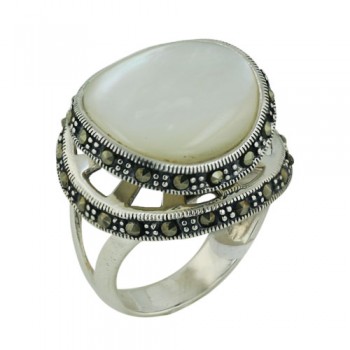 Marcasite Ring 22mm White Mother of Pearl Cabochon Dome with 2 Layer Pav