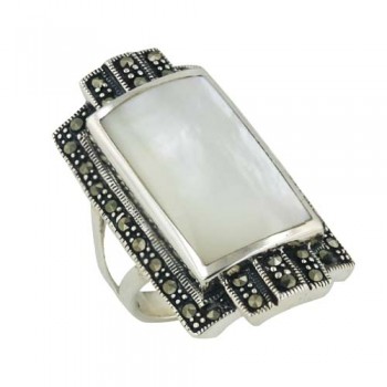 Marcasite Ring 35X20mm White Mother of Pearl Inlay Rectangular with Pave Marcasite Ar