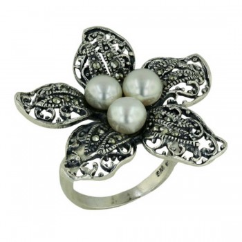 Marcasite Ring White Fresh Water Pearl with Pave Marcasite Flower Petals