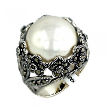 Marcasite Ring 16mm Faux Pearl with Marcasite Flowers Around