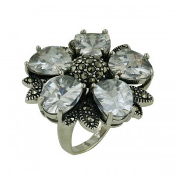 Marcasite Ring with 5 Clear Petal Cubic Zirconia and Marcasite Center and Le