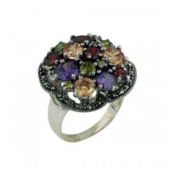 Marcasite Ring with Round Mutli Color Cubic Zirconia and Flower Shape