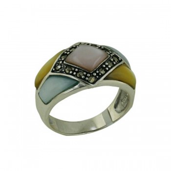 Marcasite Ring with Rhombus Mixed Mother of Pearl with Marcasite Border with