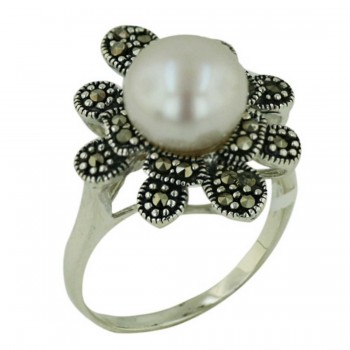 Marcasite Ring Round Fresh Water Pearl Center with Marcasite Petals Around