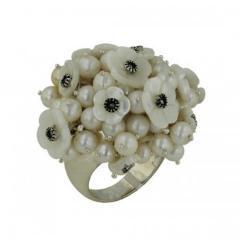 Marcasite Ring Cluster of Round Fresh Water Pearl and Flower Mother of Pearl