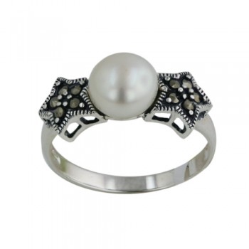 Marcasite Ring 2 Stars with 7.8mm Fresh Water Pearl