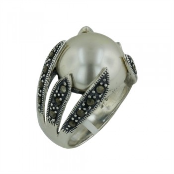 Marcasite Ring 16mm Half Faux Pearl with Marcasite Leaves on both S