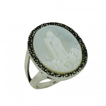 Marcasite Ring 18.85-23.3mm Oval Mother of Pearl Engraved Jesus with Rou