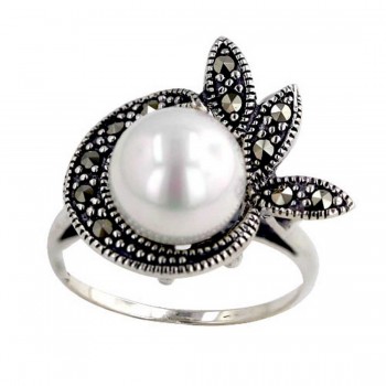 Marcasite Ring 10mm Shell Pearl Arround Marcasite Pave with 3 Le