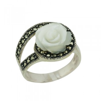 Sterling Silver Ring 12mm Mother of Pearl Rose Marcasite Swirl Around 4mm Band N