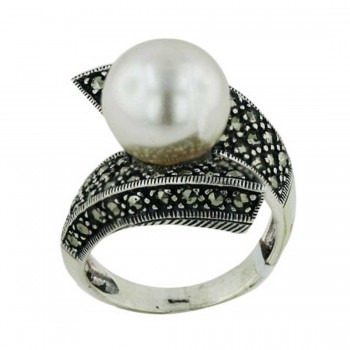 Marcasite Ring 12mm Pearl in Center of Bypass