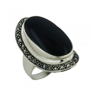 Marcasite Ring 14X26mm Oval Onyx Center Marcasie Surround