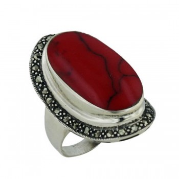 Marcasite Ring 14X26mm Oval Red Dyed Howlite Center Marca