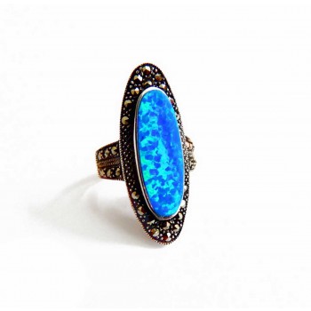 Marcasite Ring Sterling Silver Blue Synthet Opal 8