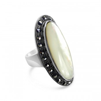 Marcasite Ring 11X28mm Oval Mother of Pearl Center Marcasite on Sid