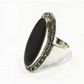 Marcasite Ring 11X28mm Oval Onyx Center Marcasite on Si