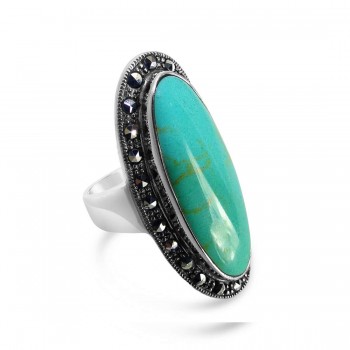 Marcasite Ring 11X28mm Oval Turquoise Center Marcasite