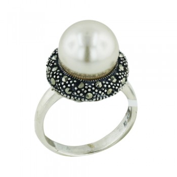 Marcasite Ring 12mm Pearl on Top of Marcasite Dounut