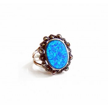 Marcasite Sterling Silver Ring Oval Blue Synthetic