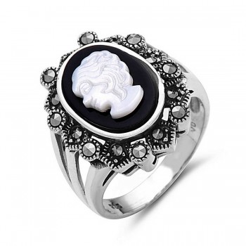 Marcasite Ring 10X14mm Black/White Cameo with Marcasite Sur