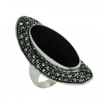 Marcasite Ring 11.5X27mm Onyx Oval Center Marcasite Surro