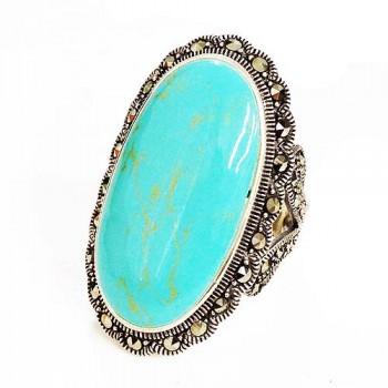 MS Ring 16X30Mm Turquoise Oval Center Marcasite Fo