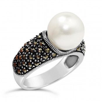 Marcasite Ring 10mm Pearl Puffy Marcasite Paved Band