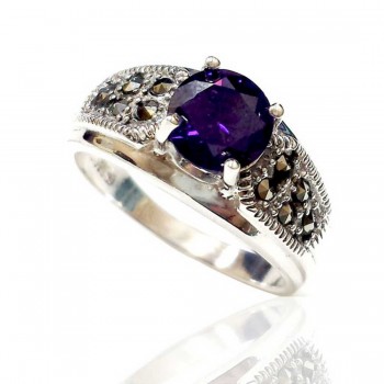 Marcasite Ring 6mm Amethyst Cubic Zirconia Marcasite each Side Oxidize