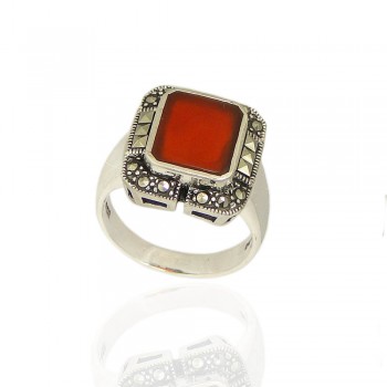 Marcasite Ring Carnelian Square with Square Marcasite Sides