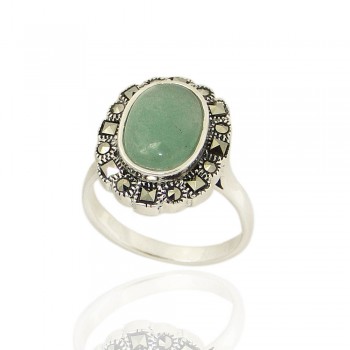 Marcasite Ring Oval Green Aventurine with Square & Round