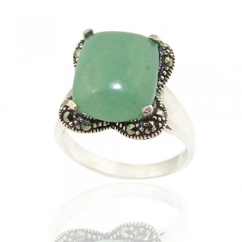 Marcasite Ring 9X11mm Rectangle Green Aventurine with